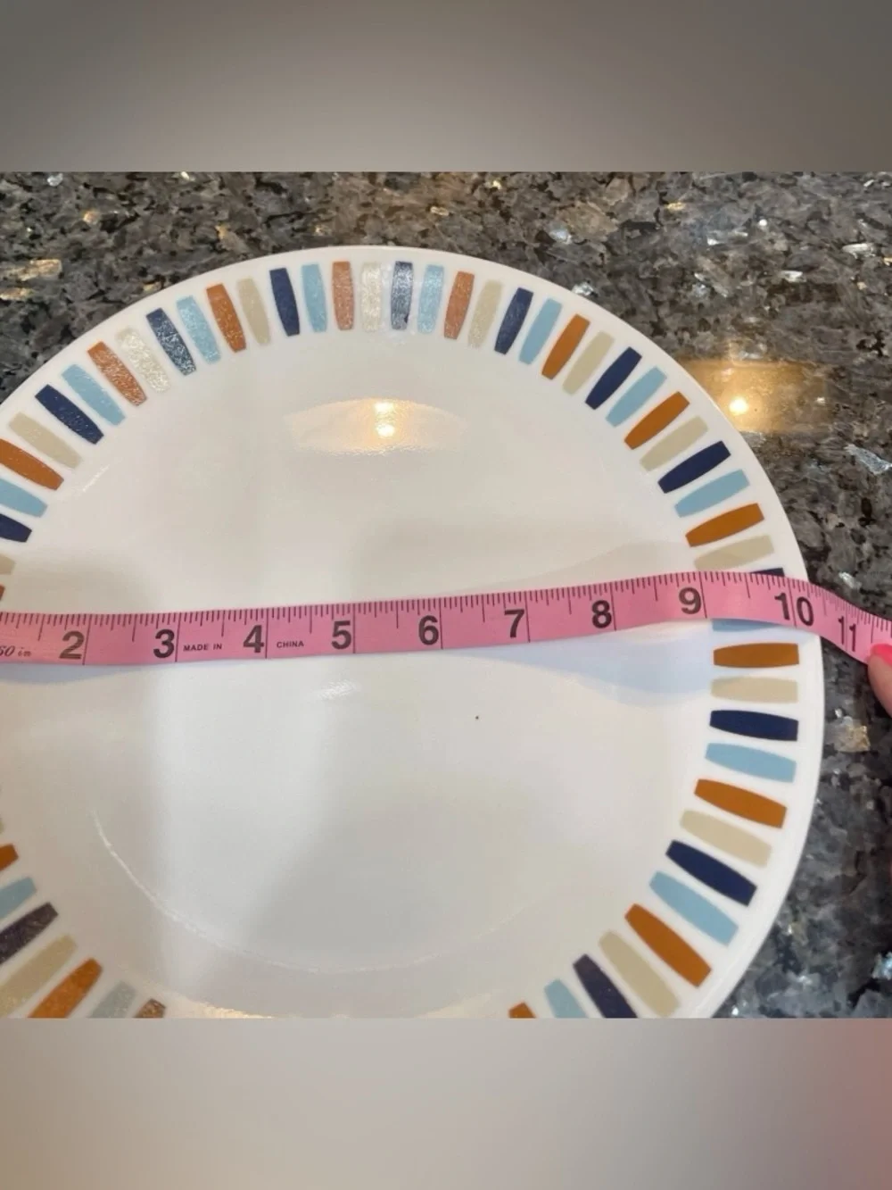 Corelle Payden 10.25” White Dinner Plates w/ Retro Blue, Tan & Navy Stripe Rim
